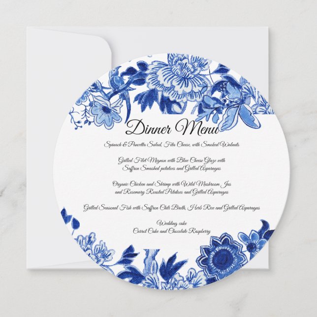 Convites Menu de Jantar Floral Azul Branco Influência Asiát (Frente)