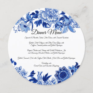 Convites Menu de Jantar Floral Azul Branco Influência Asiát