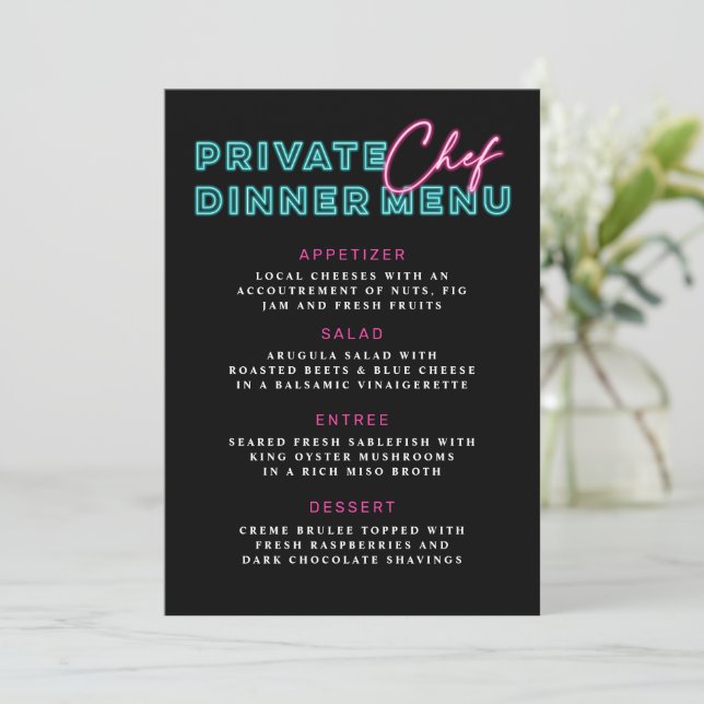 Convites Menu de Janto de Chef Privado Neon Blue & Pink (Em pé/Frente)