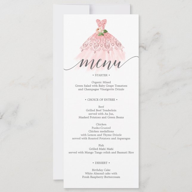 Convites Menu de Quinceanera de Vestido Floral Elegante (Frente)