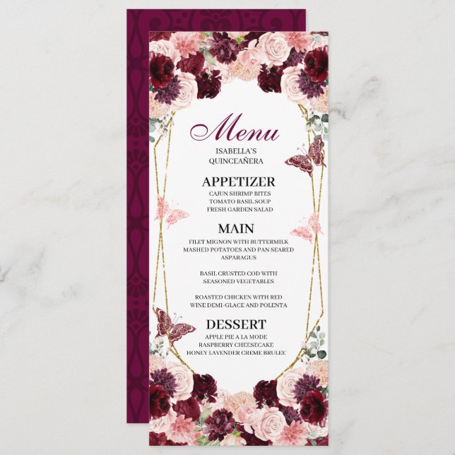 Convites Menu de Quinceanera Floral Cor-de-Rosa-Blush (Frente/Verso)