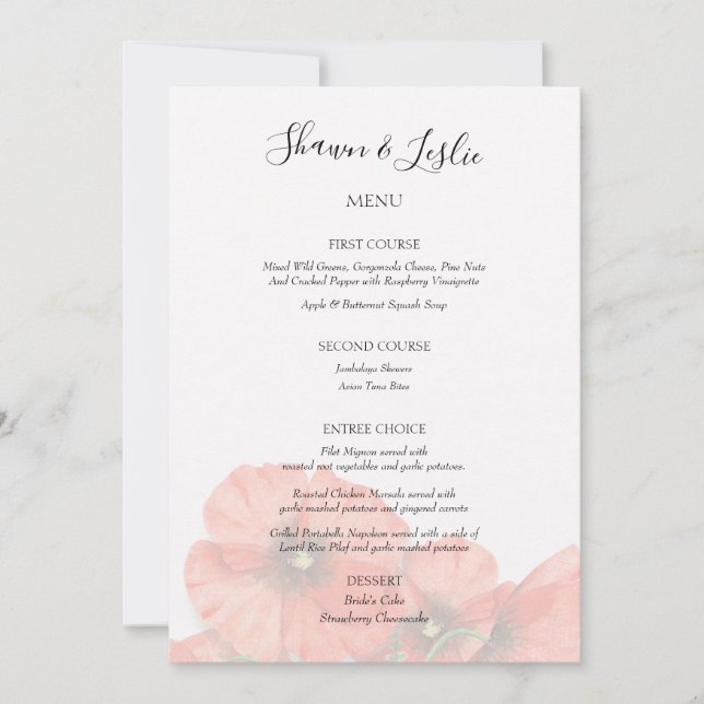 Convites Menu de Recepção de Casamento com Flor de Papoula (Frente)