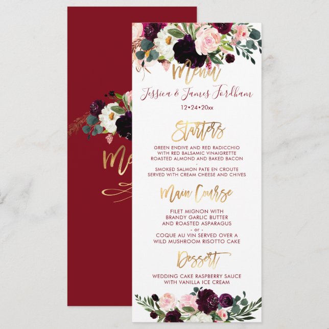 Convites Menu de Script Dourado Boho Rustic Watercolor Flow (Frente/Verso)