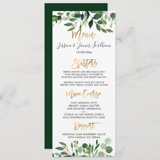Convites Menu de Script Dourado Rustic Eucalyptus Faux (Frente/Verso)