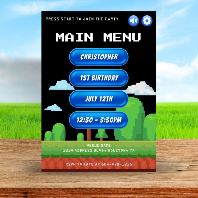 Convites Menu de Vídeo Retroativo Festa de primeiro anivers (Retro Video Game Menu Black 1st Birthday Party Invitation
)
