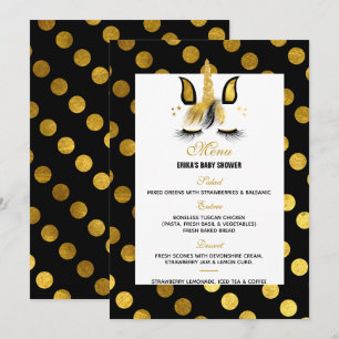 Convites Menu do Chá de fraldas Unicorn Dourado e Preto