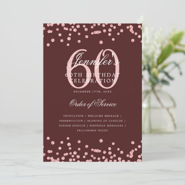 Convites Menu do Programa de Aniversário de 60 anos Rose Go (Em pé/Frente)