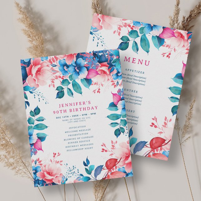 Convites Menu do Programa de Aniversário do Aquarela Floral (Watercolor Floral 90th Birthday Program Menu)