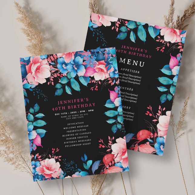 Convites Menu do Programa Floral aniversário de 40 anos da  (Watercolor Floral 40th Birthday Program Menu Black)