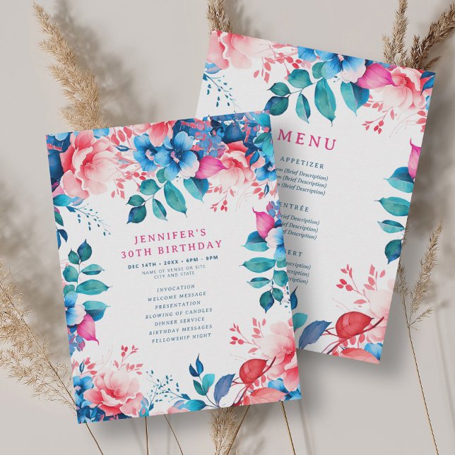 Convites Menu do Programa Floral de aniversário de 30 anos  (Watercolor Floral 30th Birthday Program Menu)
