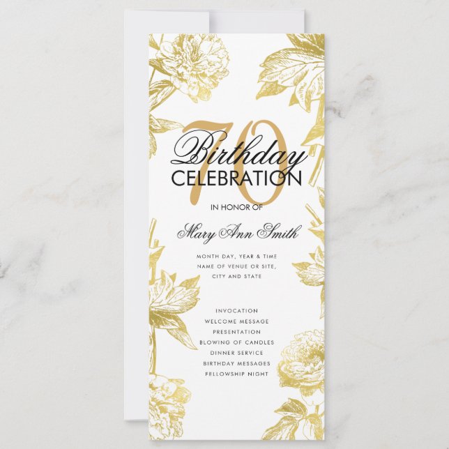 Convites Menu Dourado do Programa de Aniversário do Glam Fl (Frente)