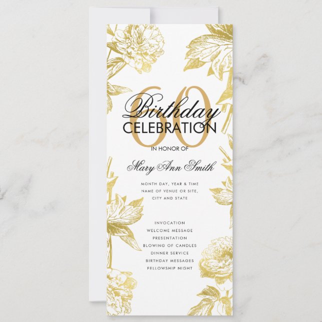 Convites Menu Dourado do Programa de Aniversário do Glam Fl (Frente)