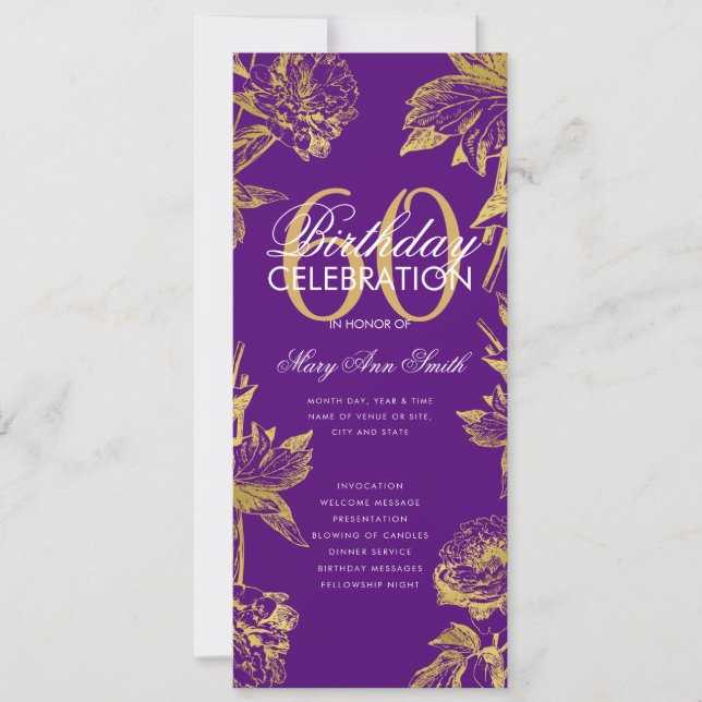 Convites Menu Dourado Purple do Programa de Aniversário Gla (Frente)