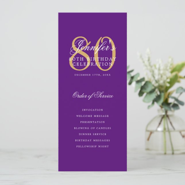 Convites Menu Dourado Roxo do Programa Elegante 80+Obrigado (Em pé/Frente)