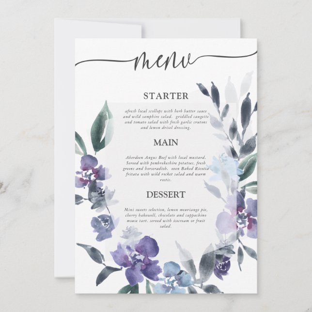 Convites Menu Dusty Purple Floral Garden Wedding (Frente)