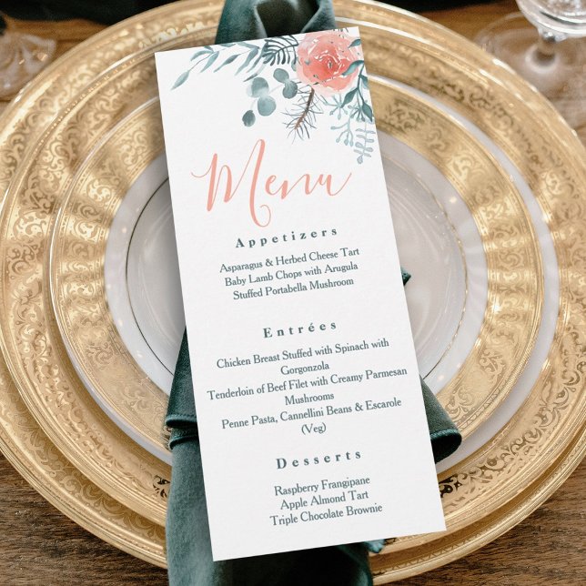 Convites Menu Elegante de Comida Eucalyptus Winter (elegant pink light green eucalyptus leaves pine needles winter wedding reception dinner menu)
