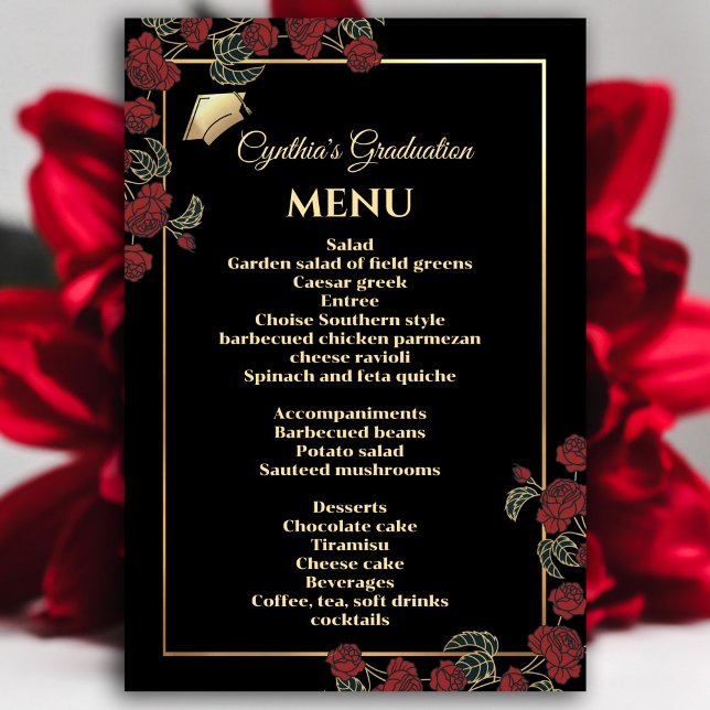 Convites Menu Elegante de Graduação Vermelha e Dourada (Elegant Red and Gold Graduation Menu Invitation #dinnerparty #graduationmenu #zazzlemade #redfloral)