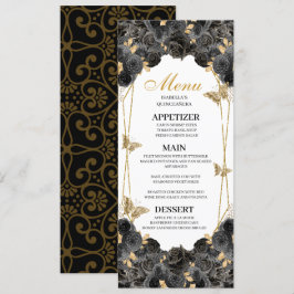 Convites Menu Floral de Quinceanera Preto e Dourado
