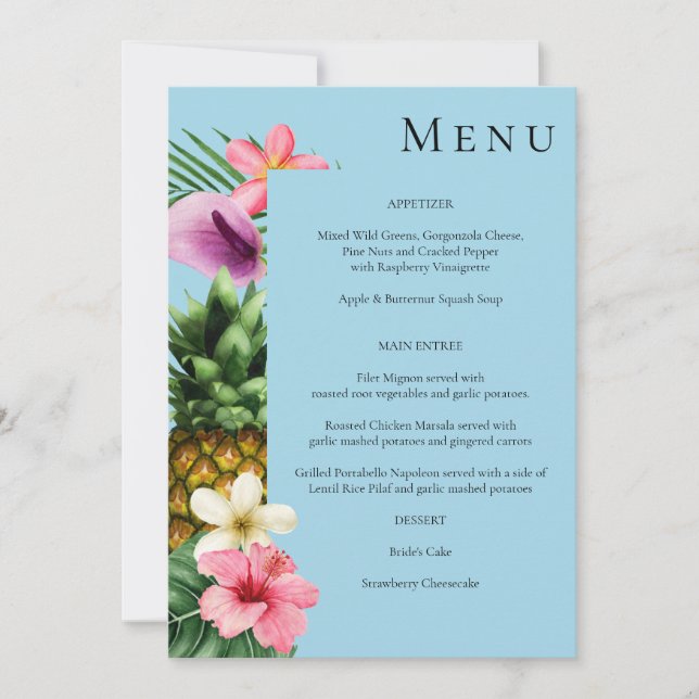 Convites Menu Floral Tropical Havaiana - Azul (Frente)