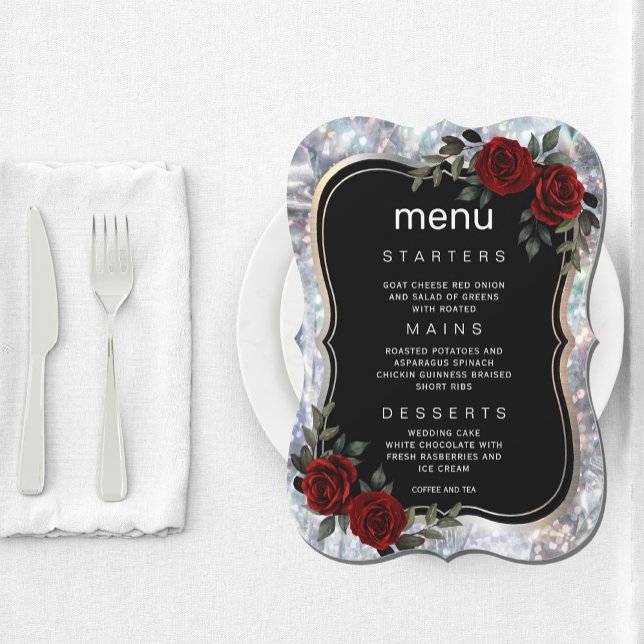 Convites Menu Floral Verde Vermelho Preto Silver Gótico (Black Silver Gothic Red Green Floral Menu Invitation #zazzlemade #menuinvitation #dinner #wedding)