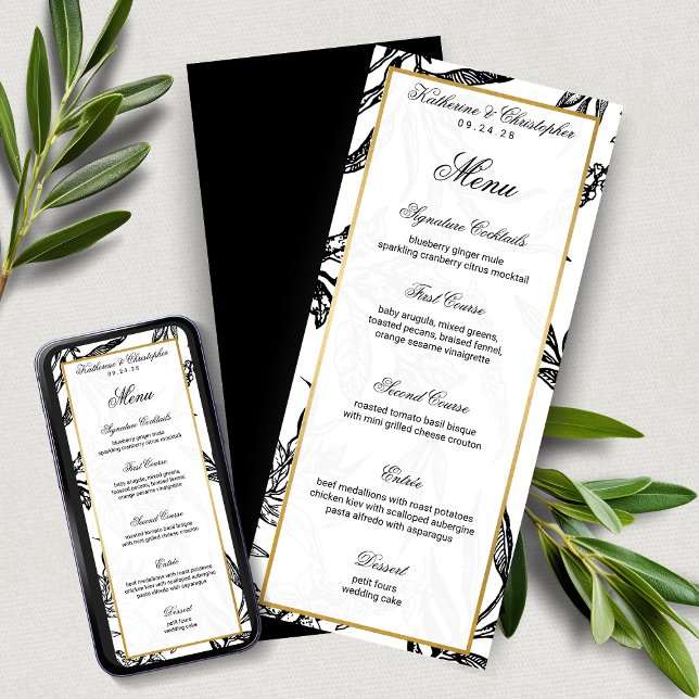 Convites Menu Formal Dourado Botânico Elegante (Elegant Formal Black Gold Botanical Wedding Menu with Digital Download Option)