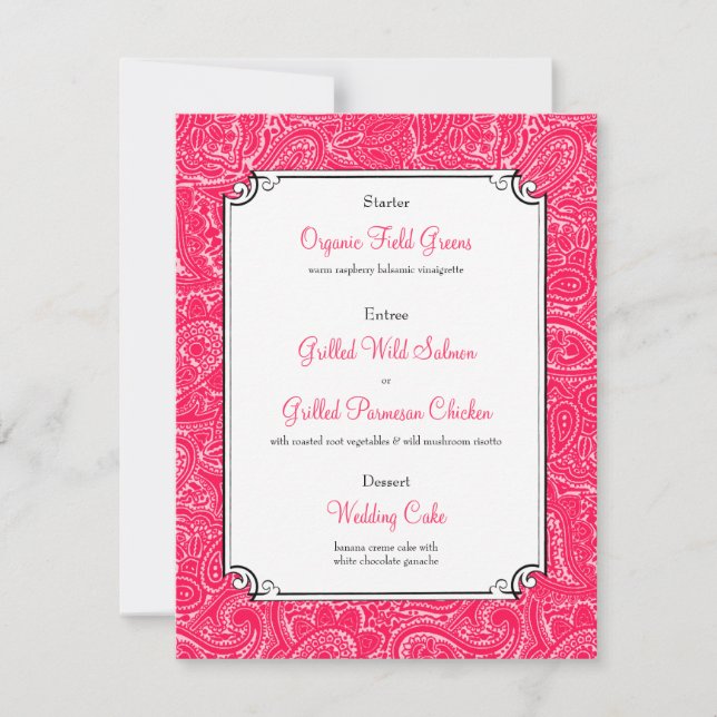 Convites Menu Jantar Recepção de casamento de Paisley Rosa (Frente)