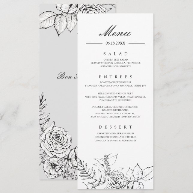 Convites Menu Janto de Casamento de Desenho de Linha Floral (Frente/Verso)