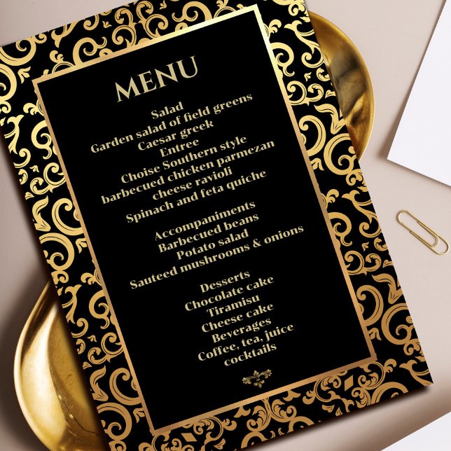 Convites Menu Janto de Casamento de Moldura de Ouro Elegant (Elegant gold Frame Wedding Dinner Menu Invitation #decorativeframeinvitation #zazzleinvitation #gold)