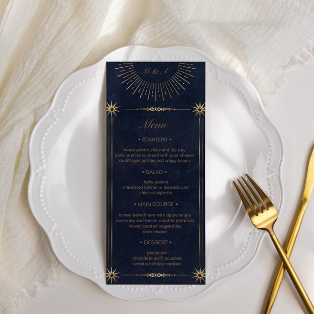 Convites Menu Janto de Casamento de Ouro Azul da meia-noite (Criador carregado)