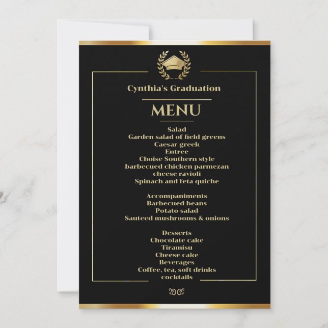 Convites Menu Janto de Graduação Preto e Dourado (Frente)