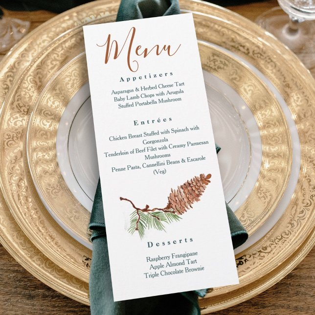 Convites Menu Janto de Recepção de Agulhas de Pinecones Rus (rustic winter pinecone wedding reception dinner menu terracotta brown green winter wedding colors)