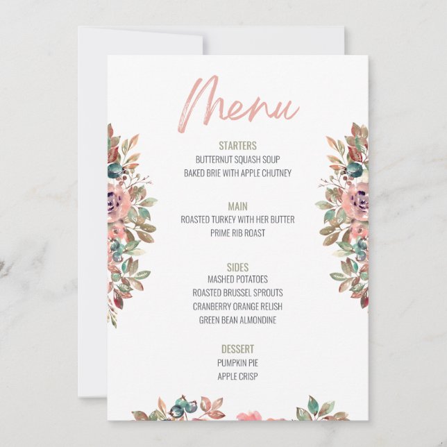Convites Menu Janto Floral de Ação de Graças Menu Casamento (Frente)