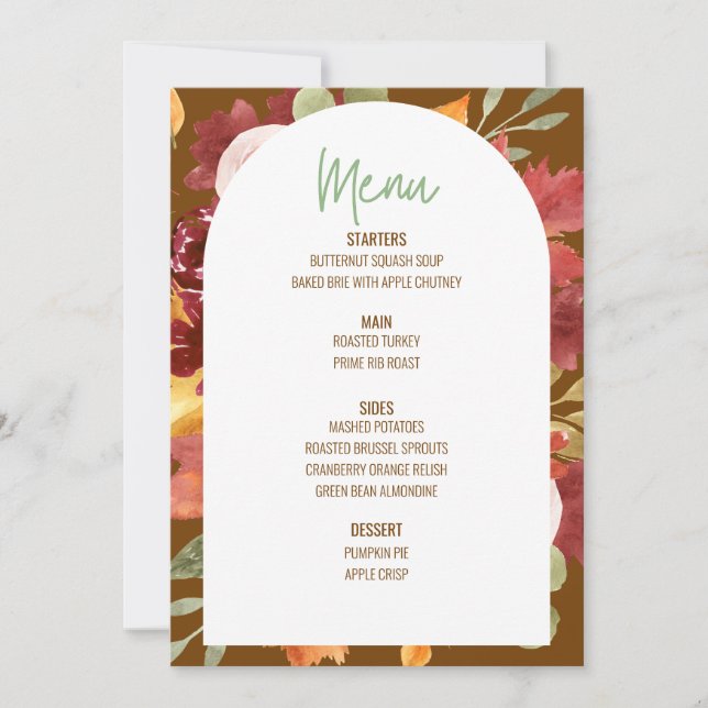 Convites Menu Janto Floral de Ação de Graças Menu Casamento (Frente)
