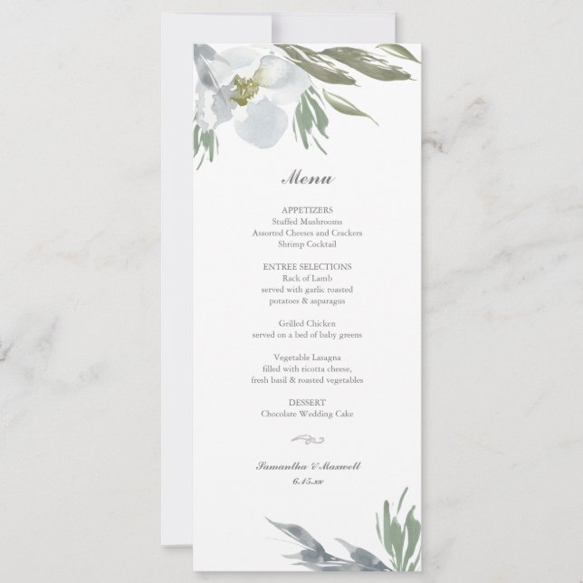 Convites Menu Janto Floral do Dusty Blue (Frente)