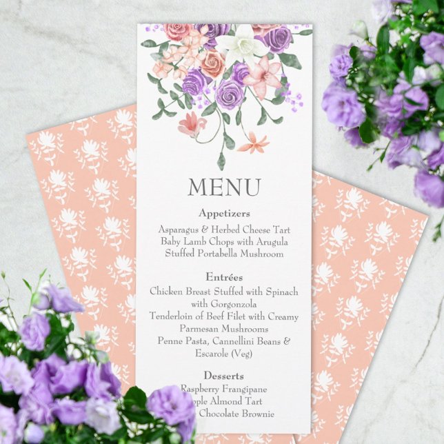 Convites Menu Janto Lilac e Peach Rose Bouquet (lilac purple peach wedding reception dinner menu, rose bouquet, floral design, spring springtime)