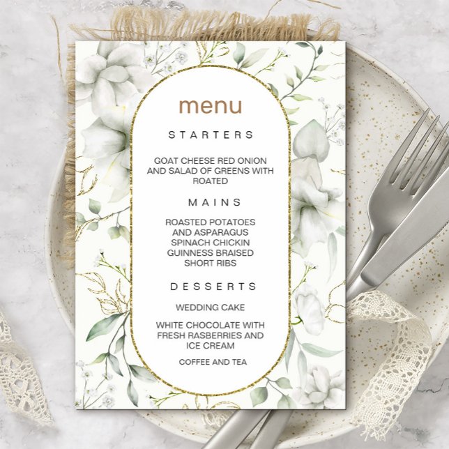 Convites Menu Lush White Flowers e Douradas Leaves (An elegant invitation that combines the simplicity of white flowers with the allure of gold #dinner)