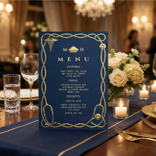Convites Menu Médico de Luxo Navy & Gold Graduação