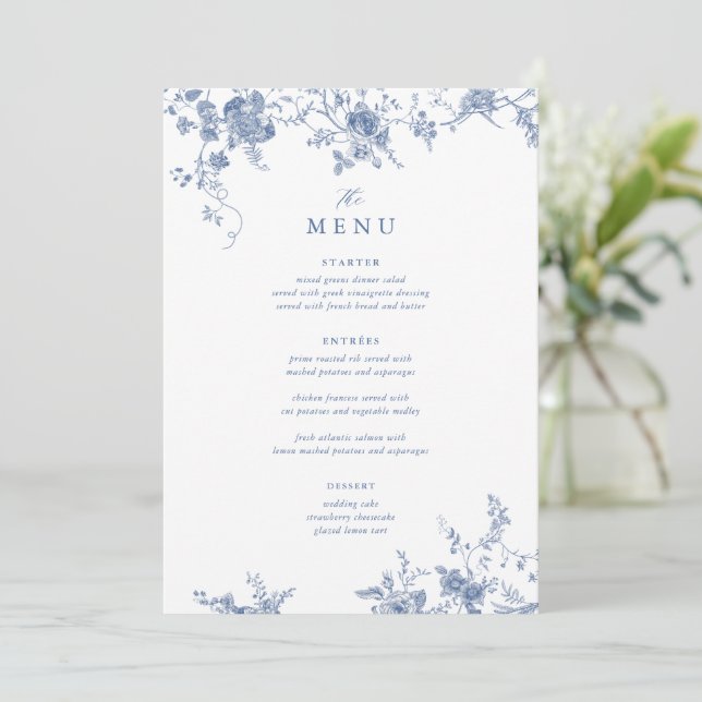 Convites Menu Mesa Azul Vitoriano Digital de Casamento Flor (Em pé/Frente)