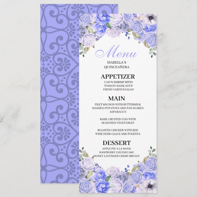 Convites Menu Periwinkle Blue Floral Quinceanera (Frente/Verso)