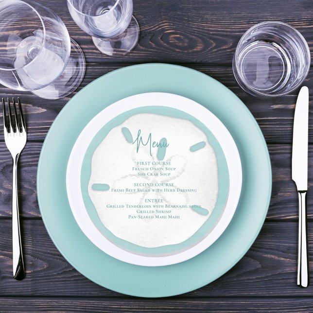 Convites Menu Praia Turquoise Sand Dollar (Wedding menu card with simple bleach sand dollar)