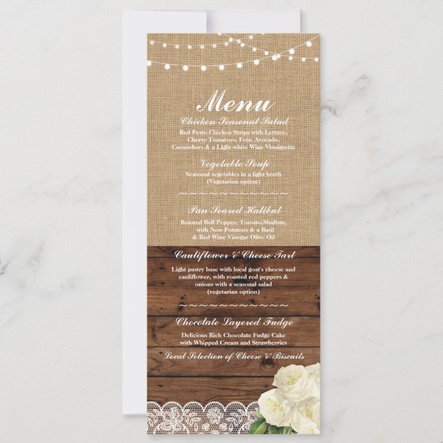 Convites Menu Recepção de casamento Burlap Wood Lace (Frente)
