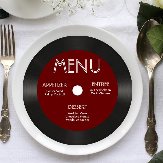 Convites Menu Recepção de casamento Retro Red Vinyl Record (Retro Red Vinyl Record Wedding Reception Menu Invitation)