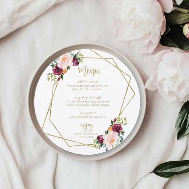 Convites Menu Redondo do Chá de panela Floral do Blush Burg (Criador carregado)