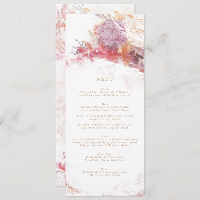 Convites Menu Romântico da Recepção de casamento da Flor Ro (Frente/Verso)