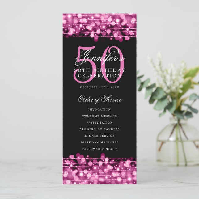 Convites Menu Rosa Quente do Programa de 50 de Aniversário+ (Em pé/Frente)