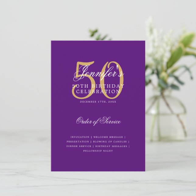 Convites Menu Roxo Dourado do Programa de Aniversário do El (Em pé/Frente)
