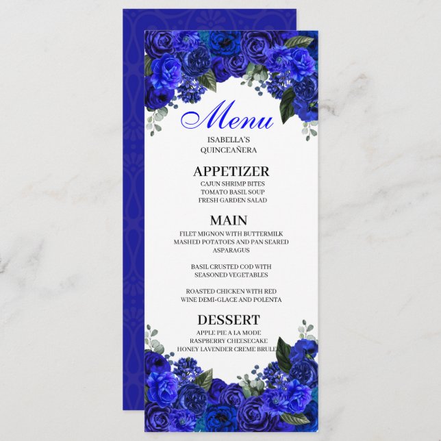 Convites Menu Royal Blue Floral Quinceanera (Frente/Verso)