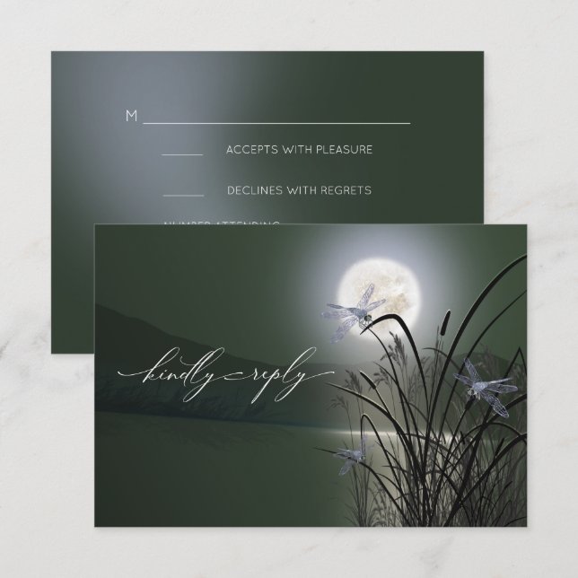 Convites Menu RSVP Sage Green Full Moon Dragonfly (Frente/Verso)
