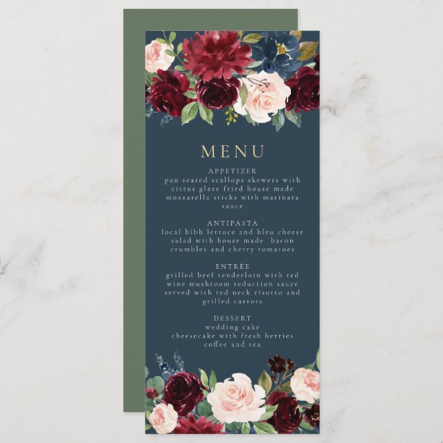 Convites Menu Rustic Burgundy e Marinho Floral Janta (Frente/Verso)