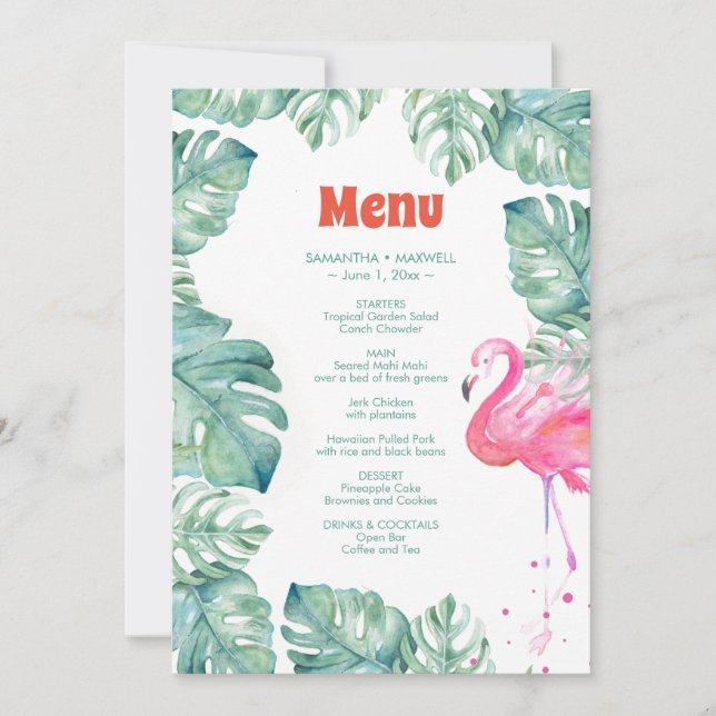 Convites Menu tropical do flamingo da aguarela (Frente)